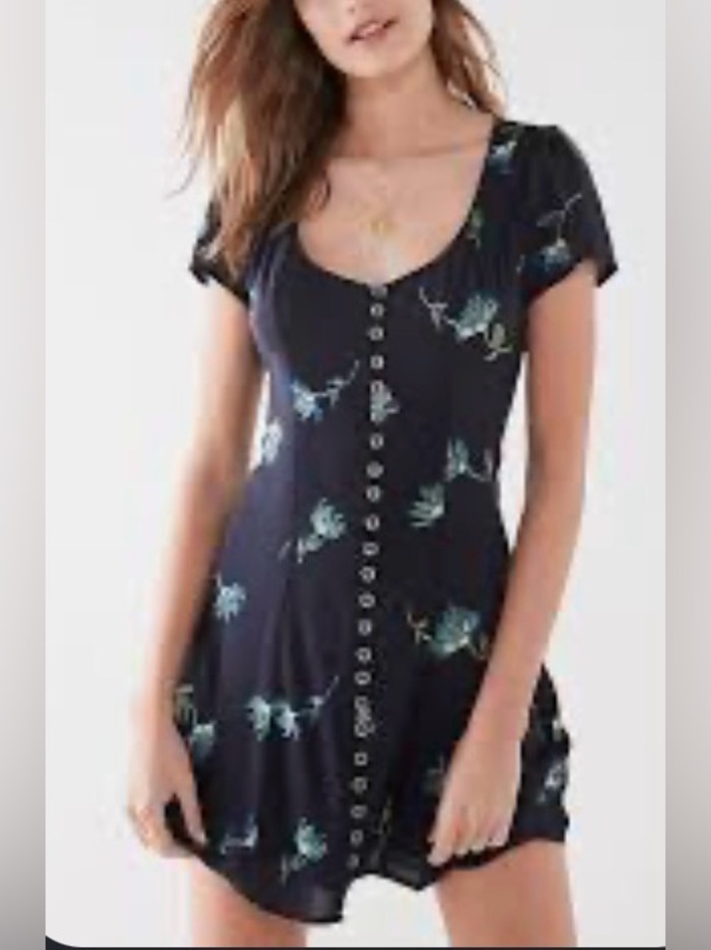 UO Mindy Blue Floral Button-Front Mini Dress